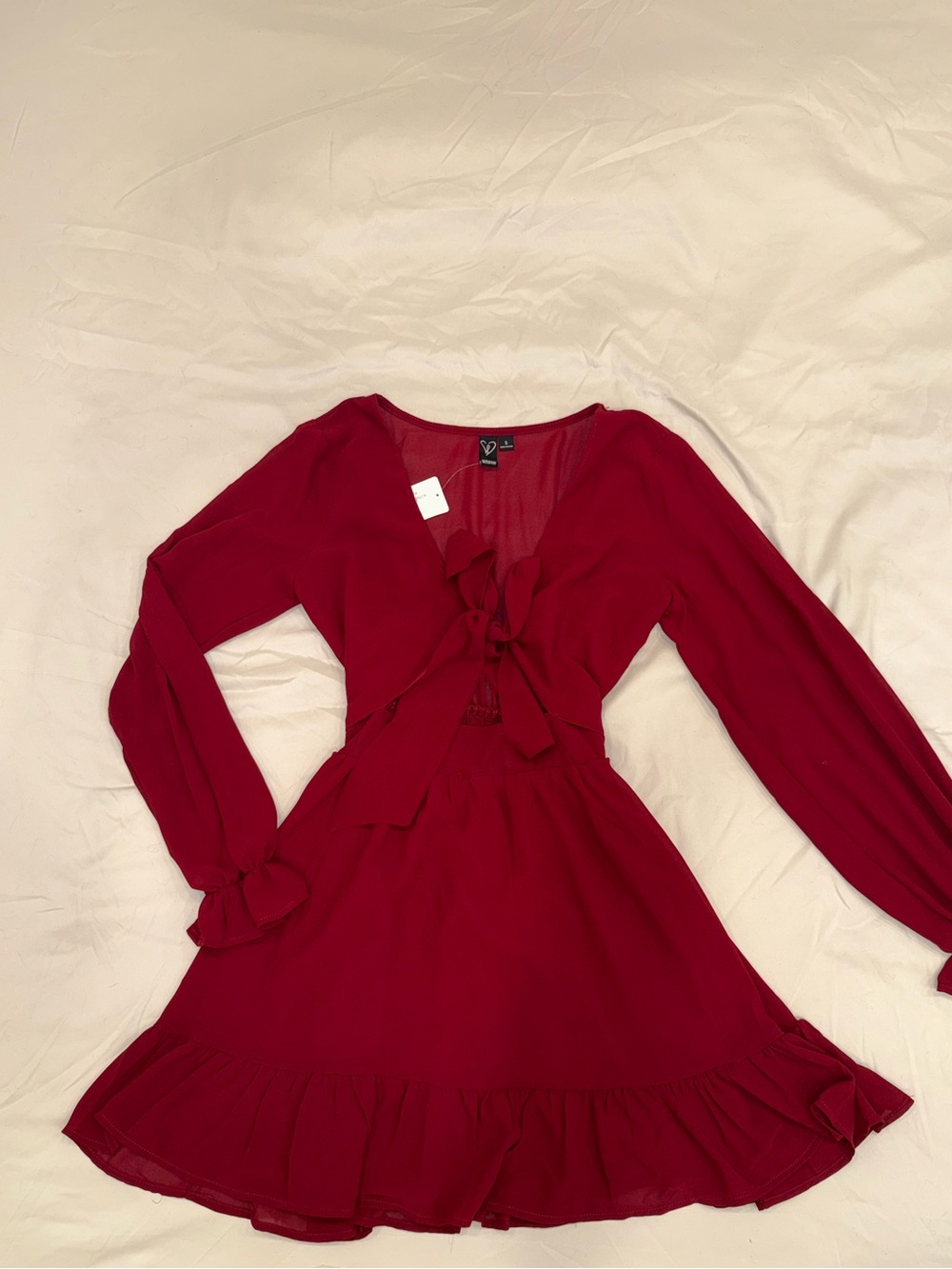 Windsor Wine-Red Long Sleeve Tie-Front Mini Dress